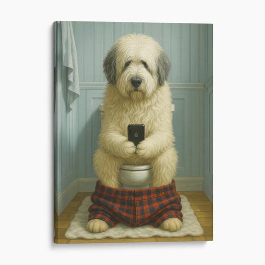 Old English Sheepdog On The Phone On The Toilet