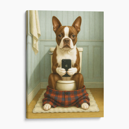Boston Terrier On The Phone On The Toilet