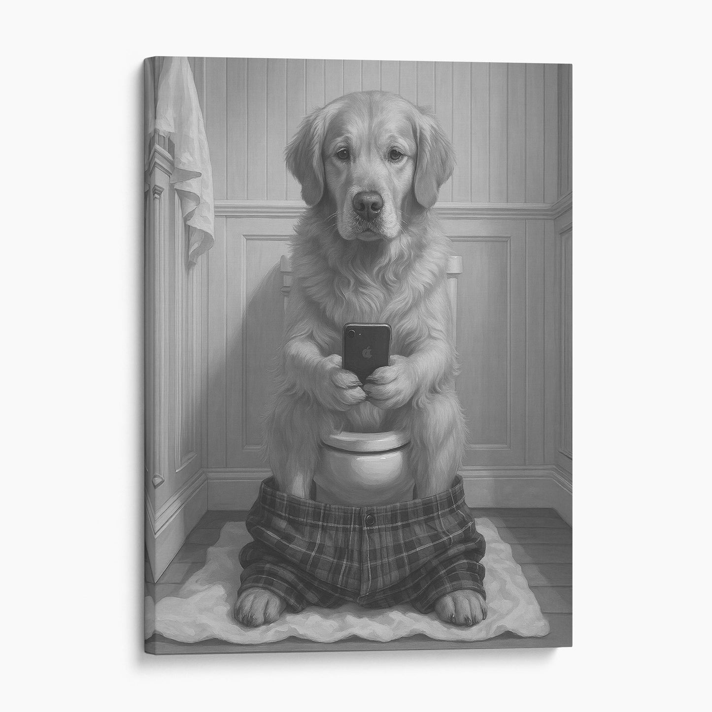 Golden Retriever Dog On The Phone On The Toilet
