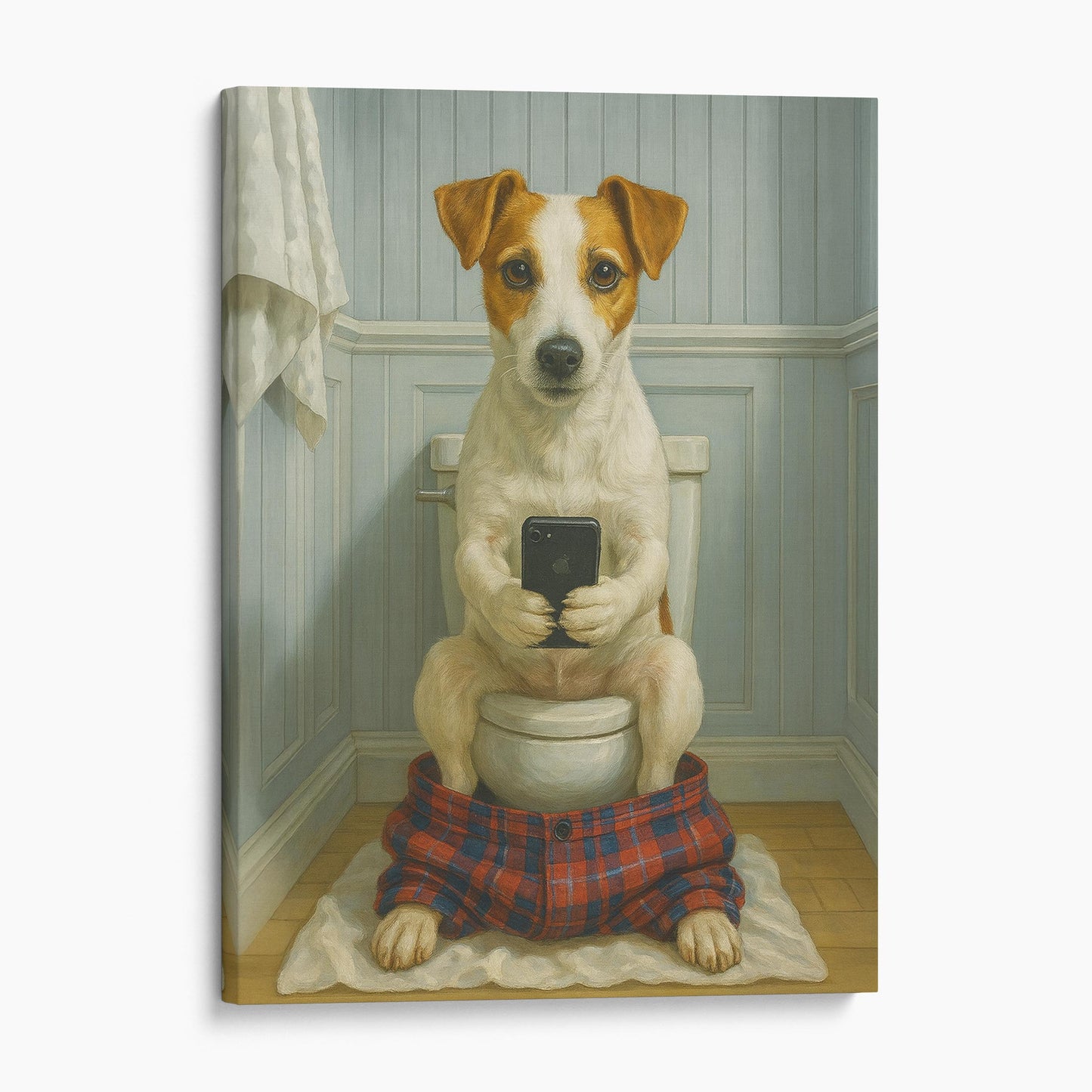 Jack Russell Terrier Dog On The Phone On The Toilet