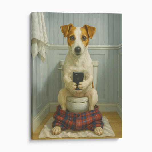Jack Russell Terrier Dog On The Phone On The Toilet