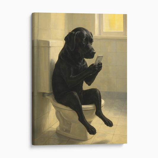 Black Labrador Dog On The Phone On The Toilet
