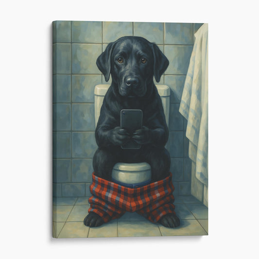 Black Labrador Retriever On The Toilet On The Phone
