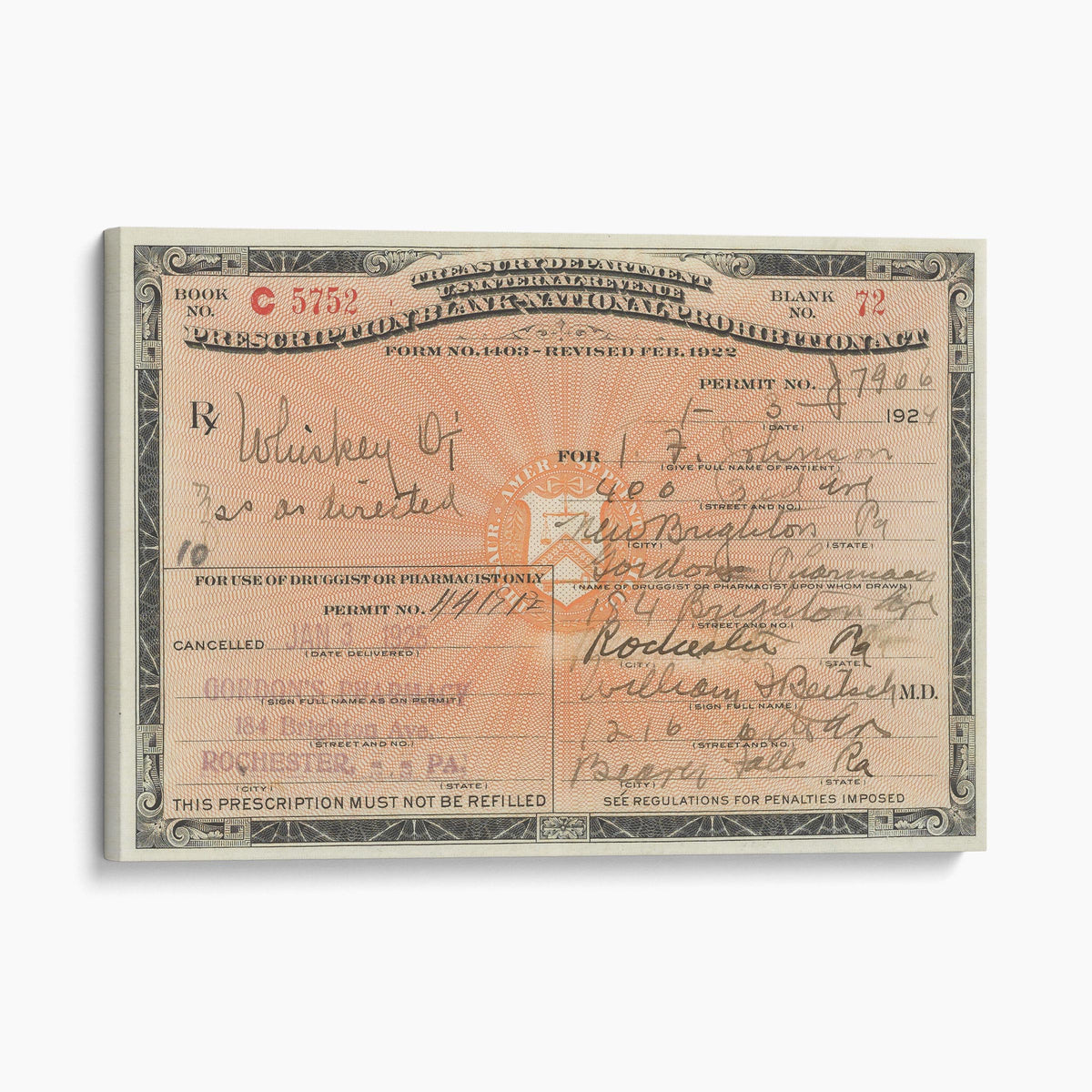 Prohibition Liquor Prescription - Medicinal Whiskey License