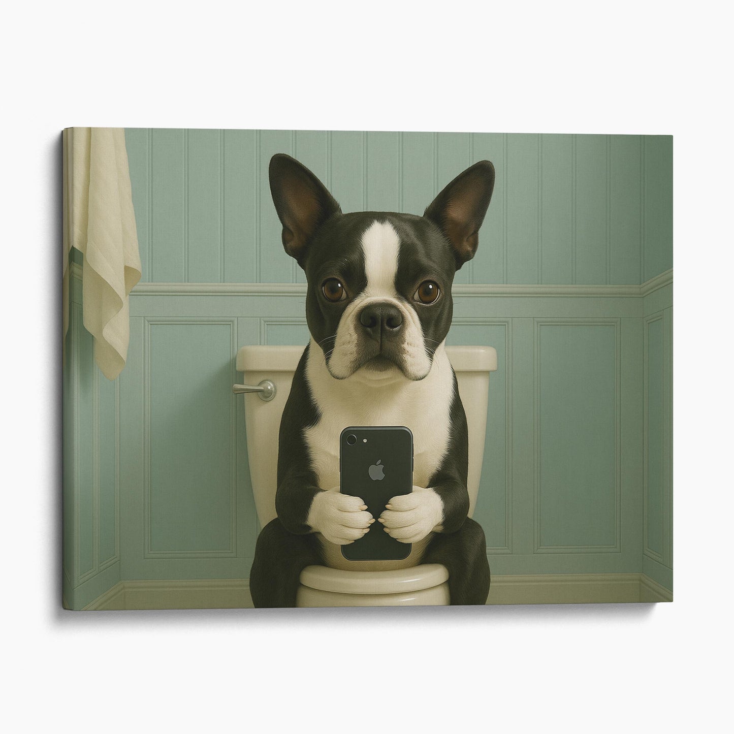 Boston Terrier Dog On The Phone On The Toilet
