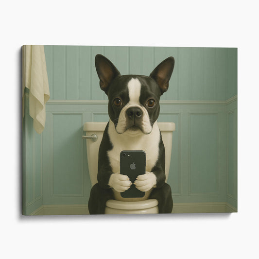 Boston Terrier Dog On The Phone On The Toilet