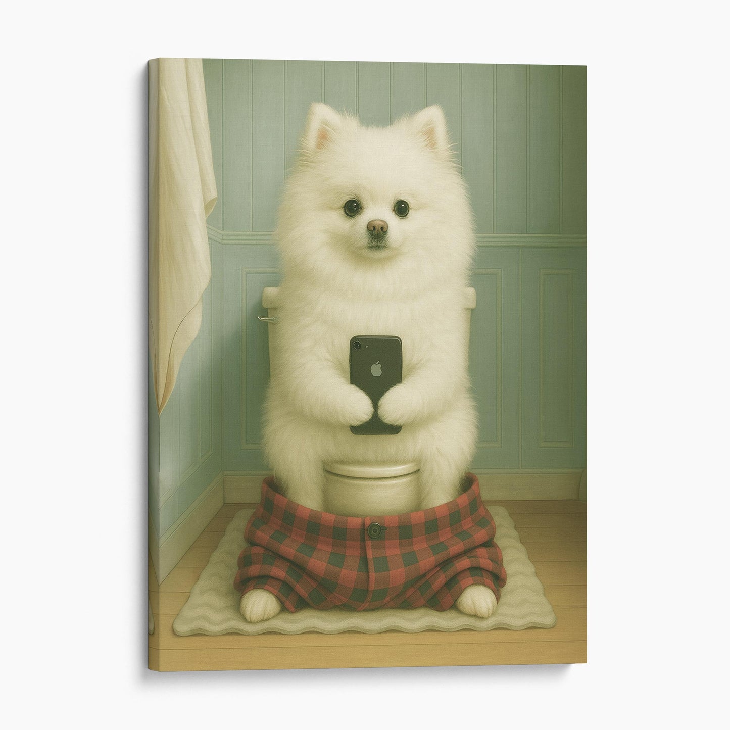 White Pomeranian Dog On The Phone On The Toilet