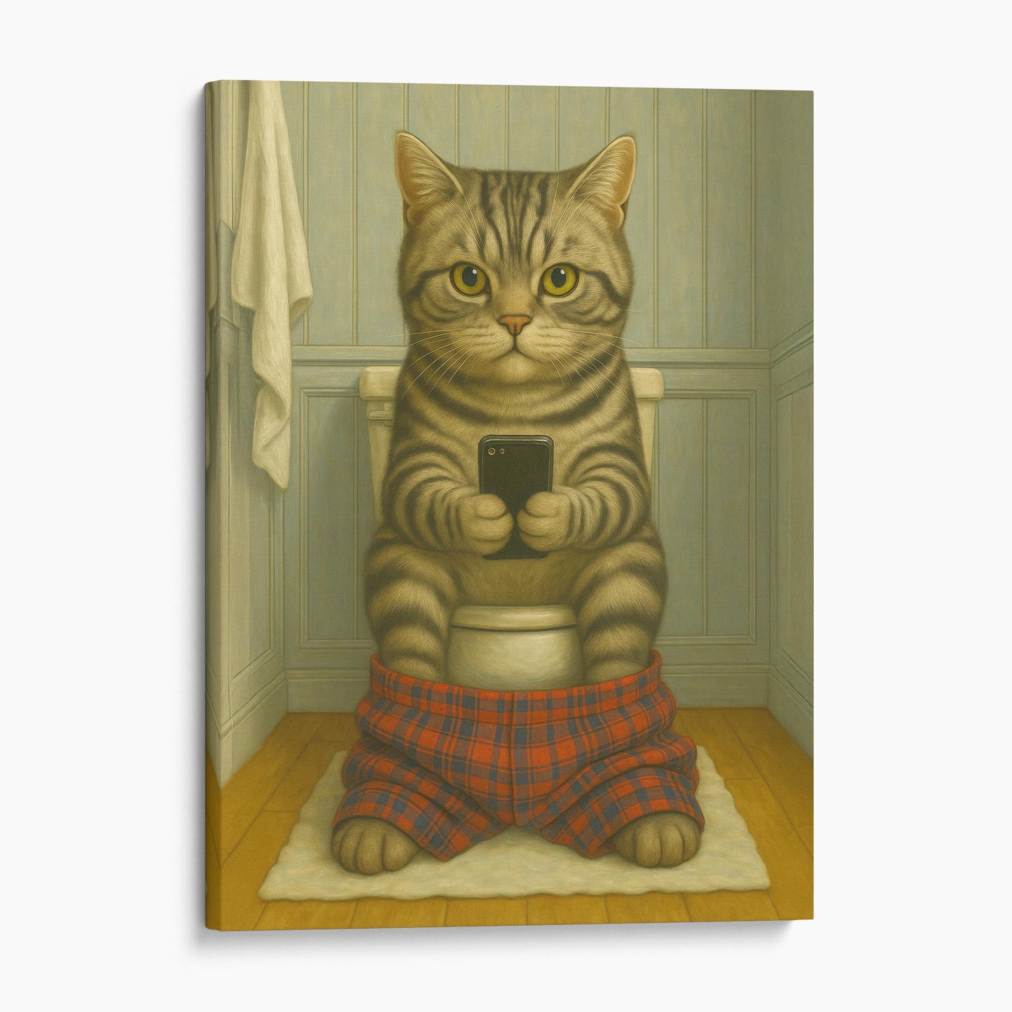 American Shorthair Cat On The Phone On The Toilet