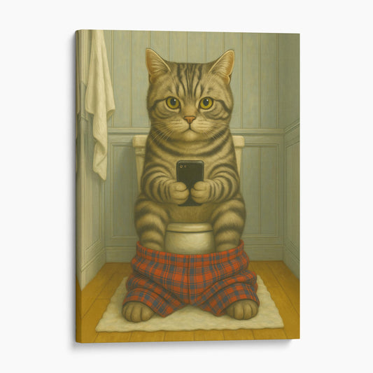 American Shorthair Cat On The Phone On The Toilet