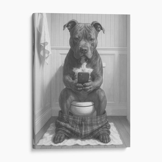 Pit Bull Terrier Dog On The Phone On The Toilet