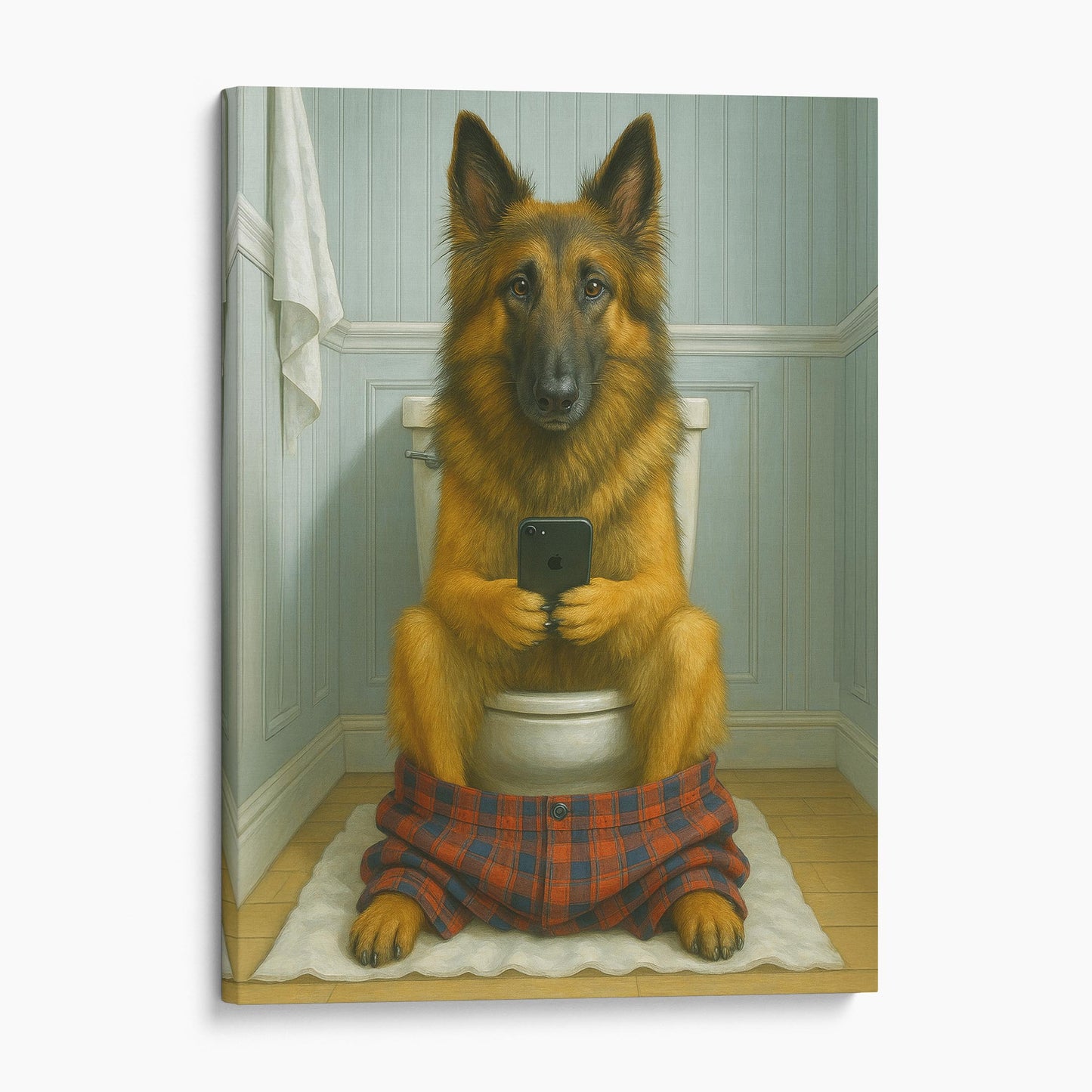Belgian Tervuren Dog On The Phone On The Toilet
