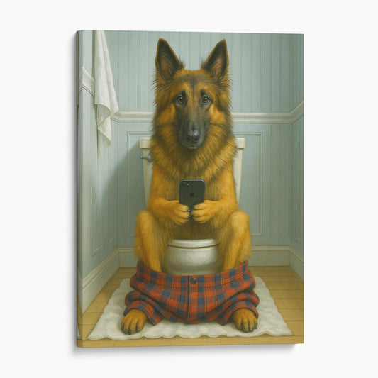 Belgian Tervuren Dog On The Phone On The Toilet
