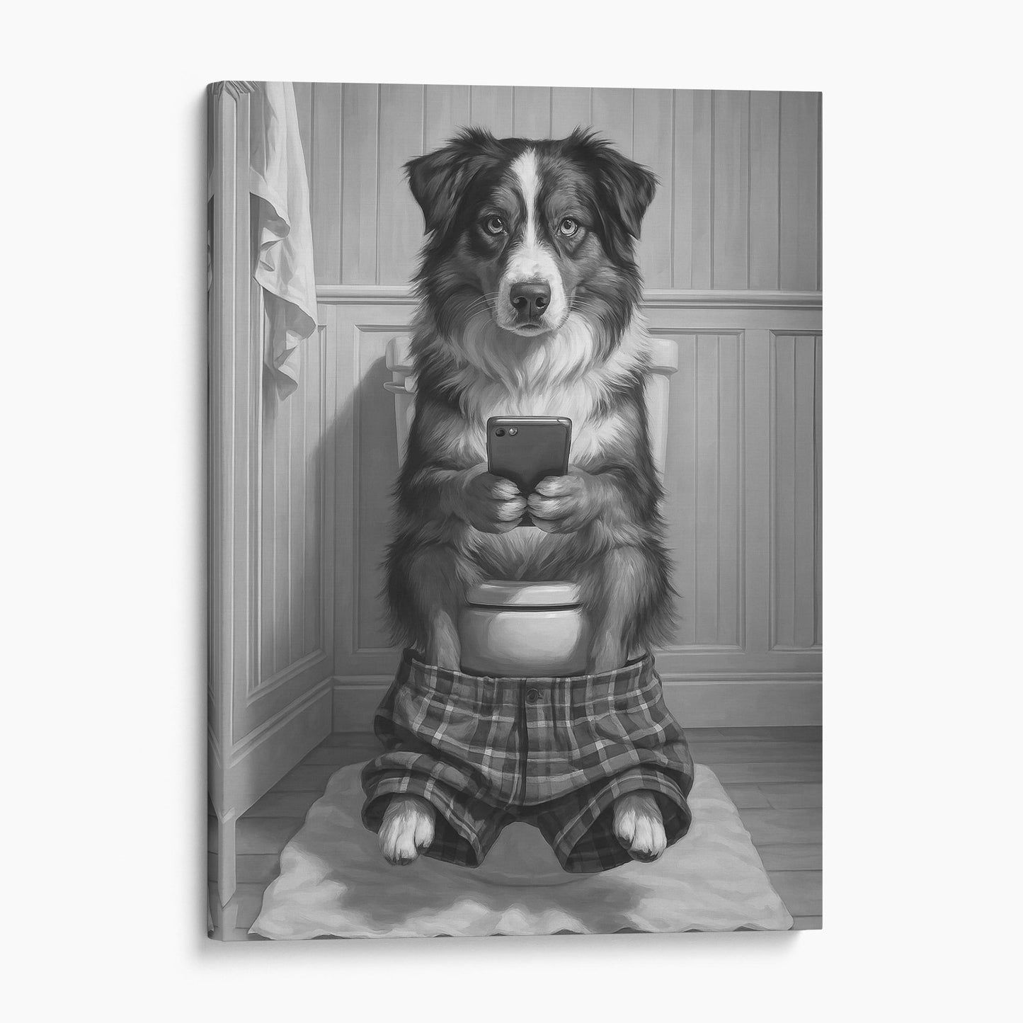 Australian Shepherd Dog On The Phone On The Toilet