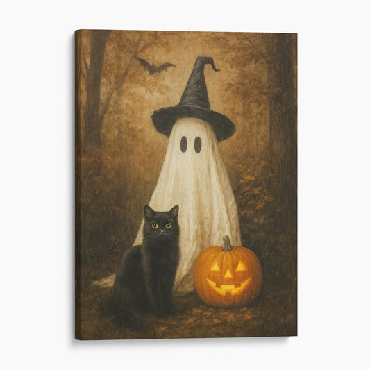 Ghost With A Black Cat And Pumpkin In The Forest