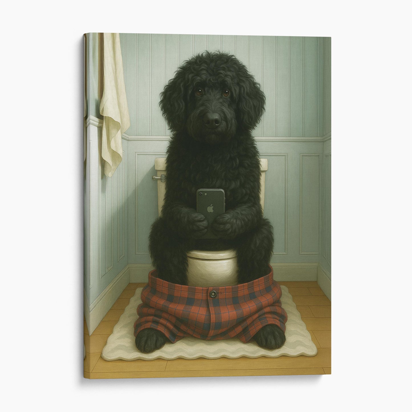 Portuguese Water Dog On The Phone On The Toilet