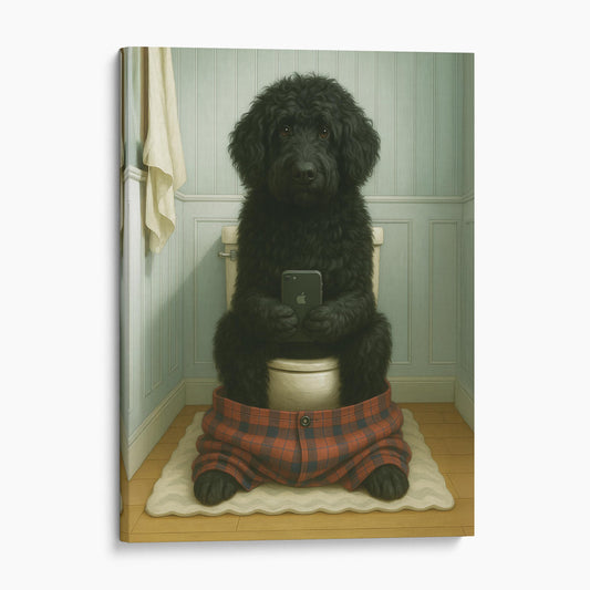 Portuguese Water Dog On The Phone On The Toilet