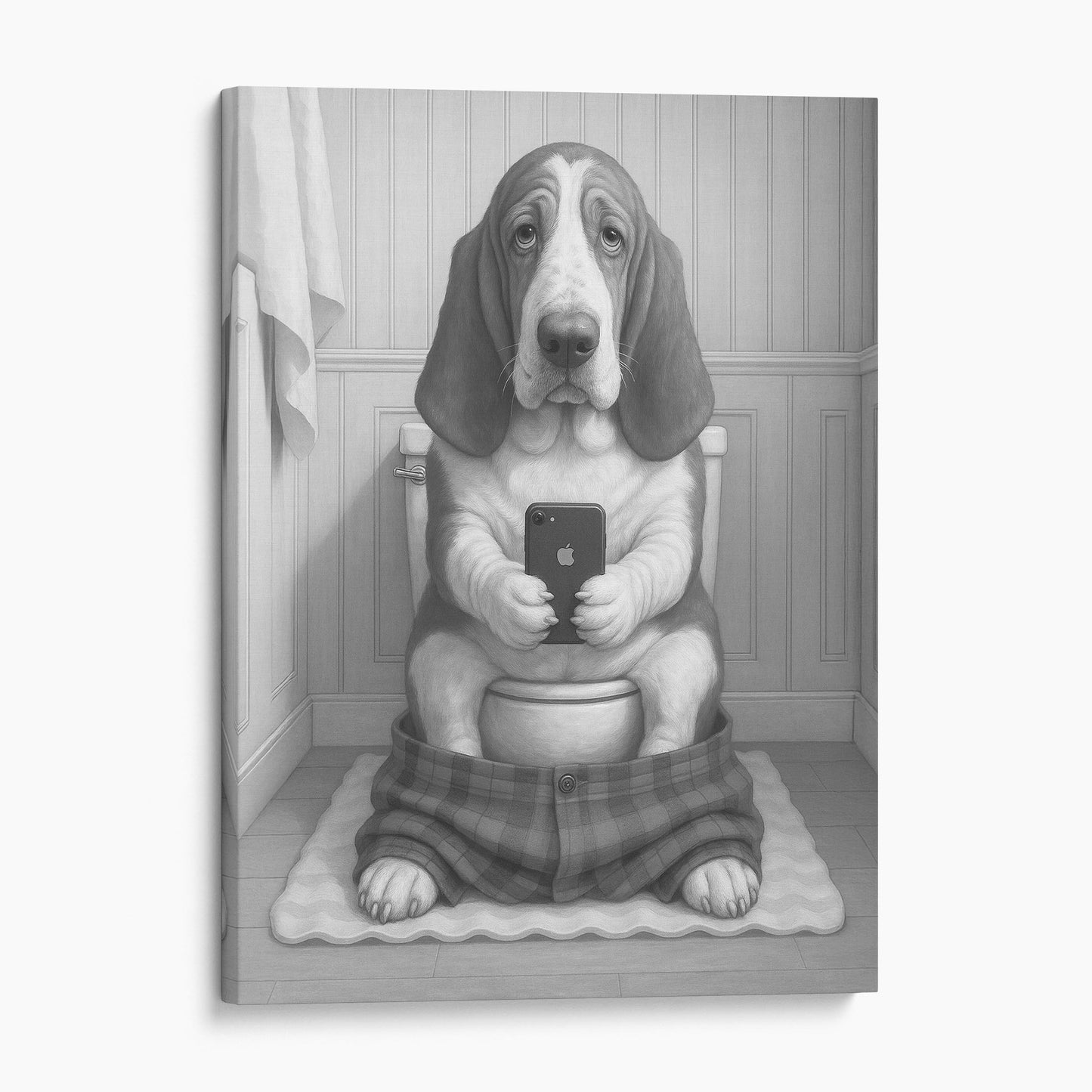 Basset Hound Dog On The Phone On The Toilet
