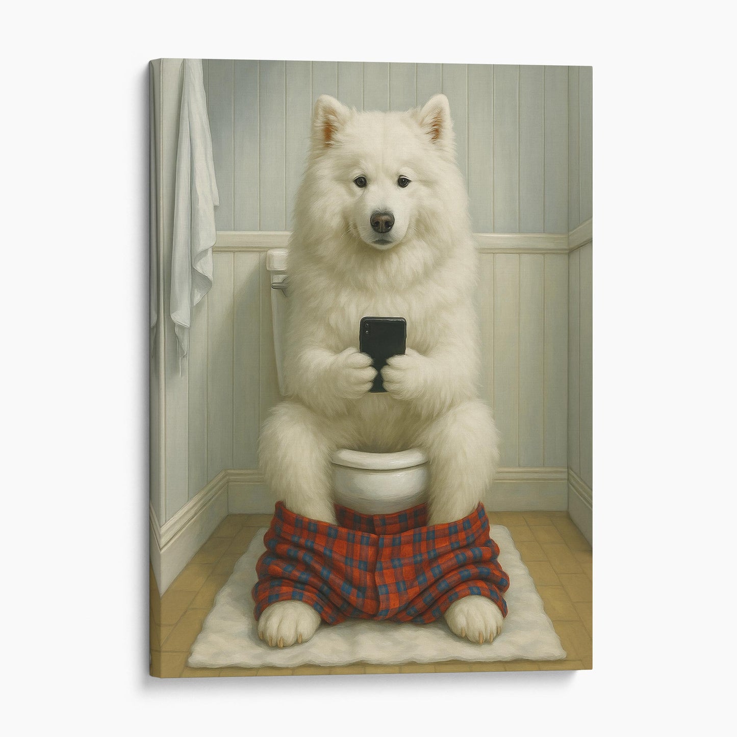 Samoyed Dog On The Phone On The Toilet