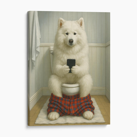 Samoyed Dog On The Phone On The Toilet