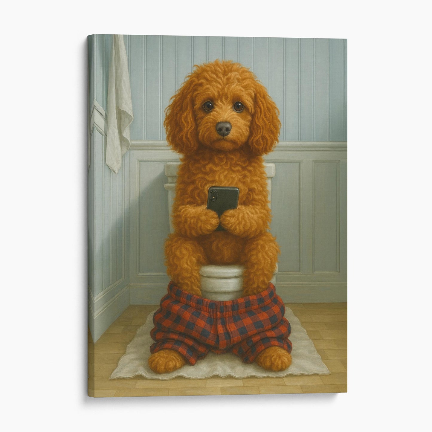 Cockapoo Dog On The Phone On The Toilet