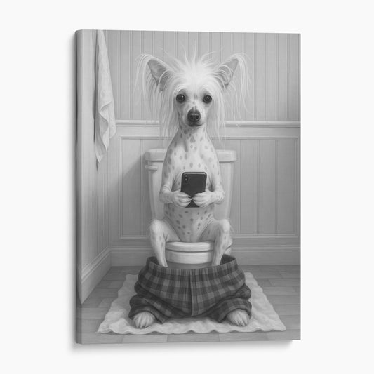 Chinese Crested Dog On The Phone On The Toilet