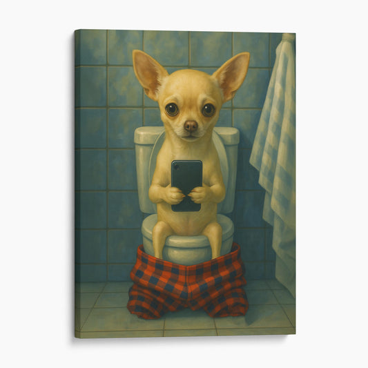 Chihuahua Dog On The Phone On The Toilet