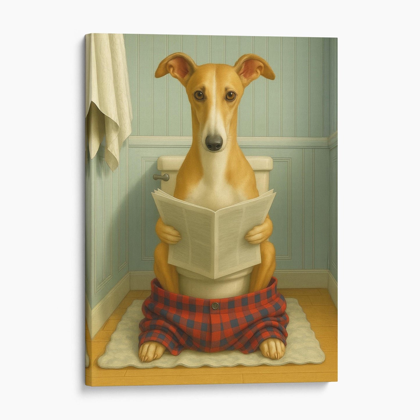 Greyhound Dog Reading The Newspaper On The Toilet