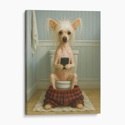 Chinese Crested Dog On The Phone On The Toilet
