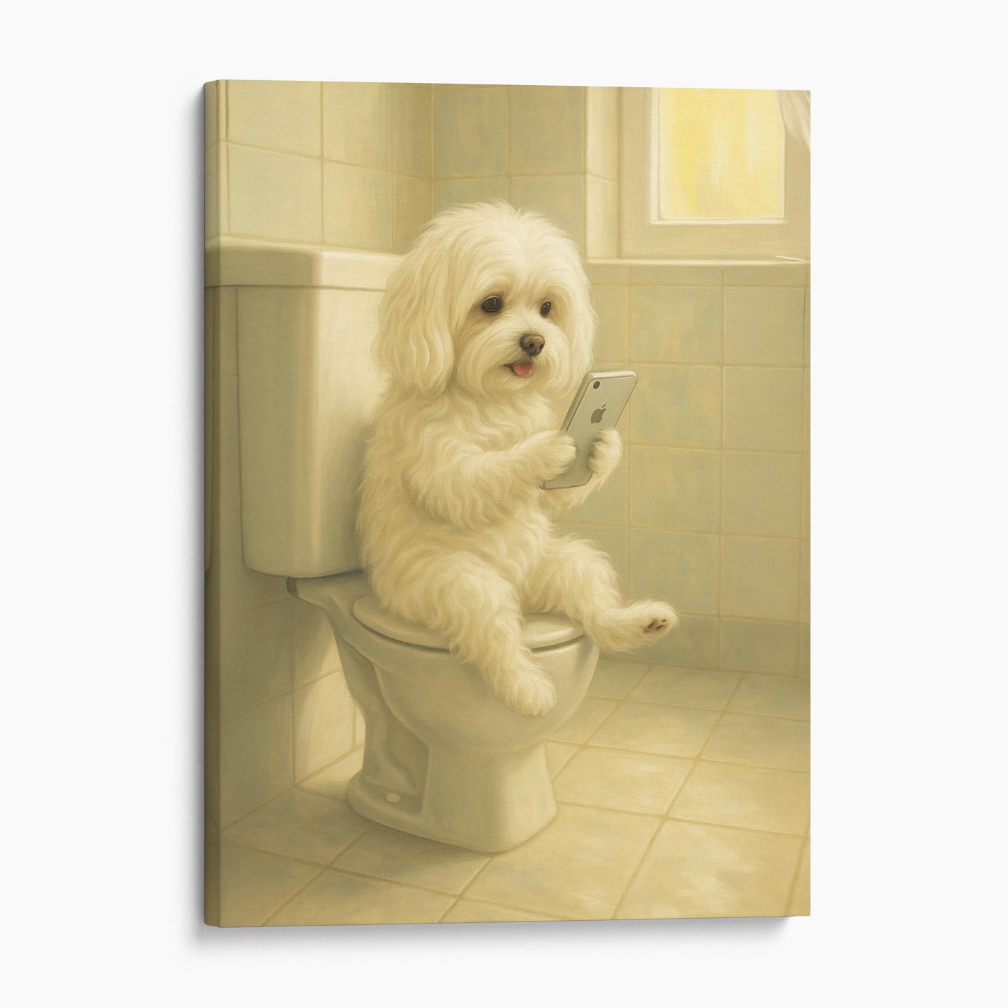 Maltese Dog On The Phone On The Toilet