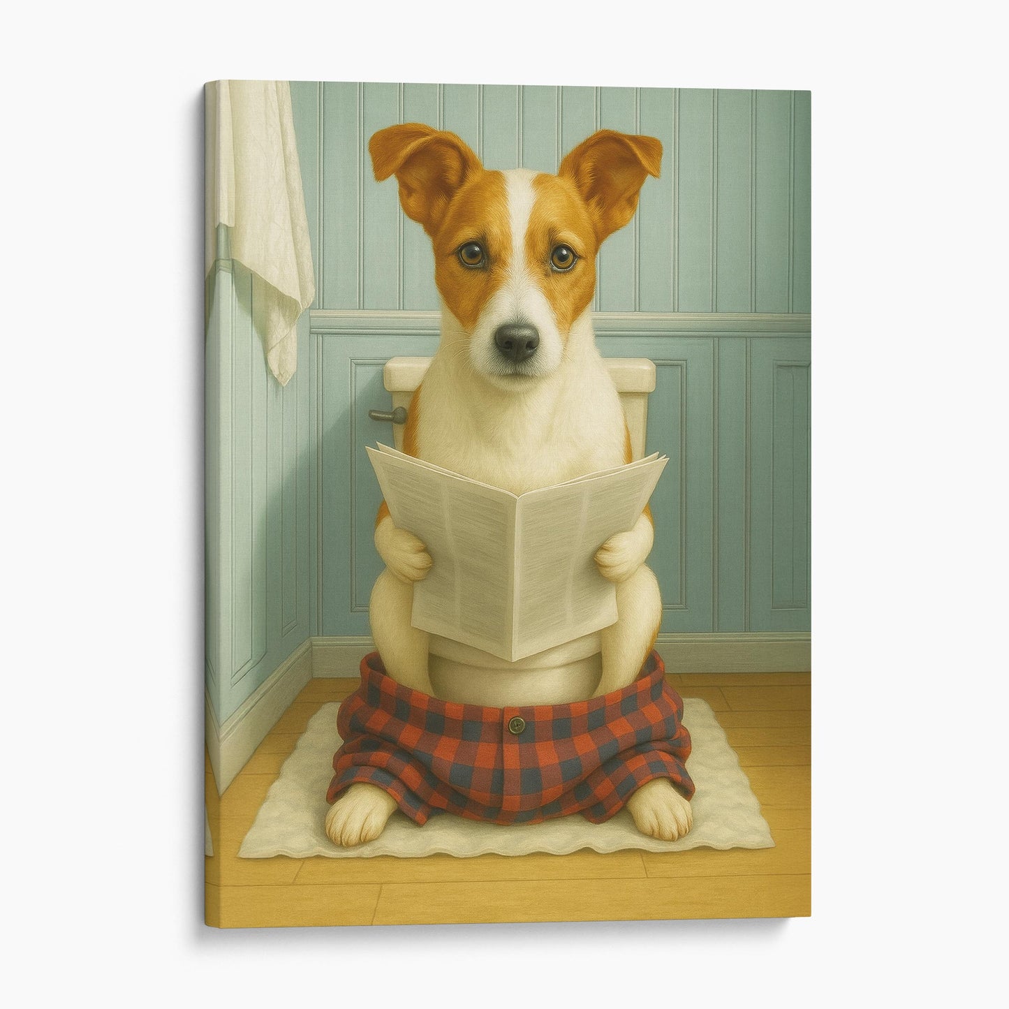 Jack Russell Terrier Dog Reading The Newspaper On The Toilet