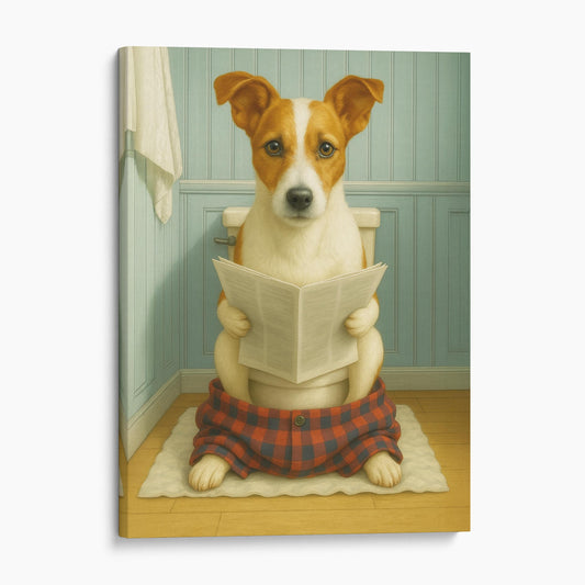 Jack Russell Terrier Dog Reading The Newspaper On The Toilet