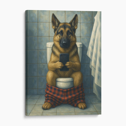 German Shepherd On The Phone On The Toilet