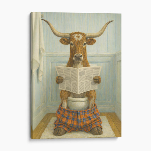 Texas Longhorn Reading The Newspaper On The Toilet