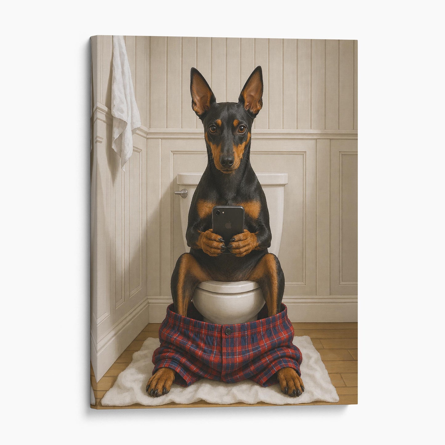 Manchester Terrier Dog On The Phone On The Toilet