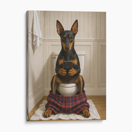 Manchester Terrier Dog On The Phone On The Toilet