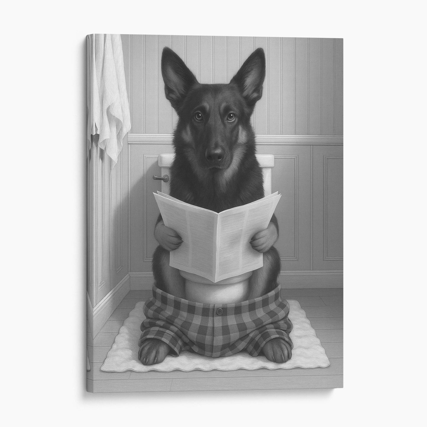 Belgian Shepherd Dog Reading The Newspaper On The Toilet