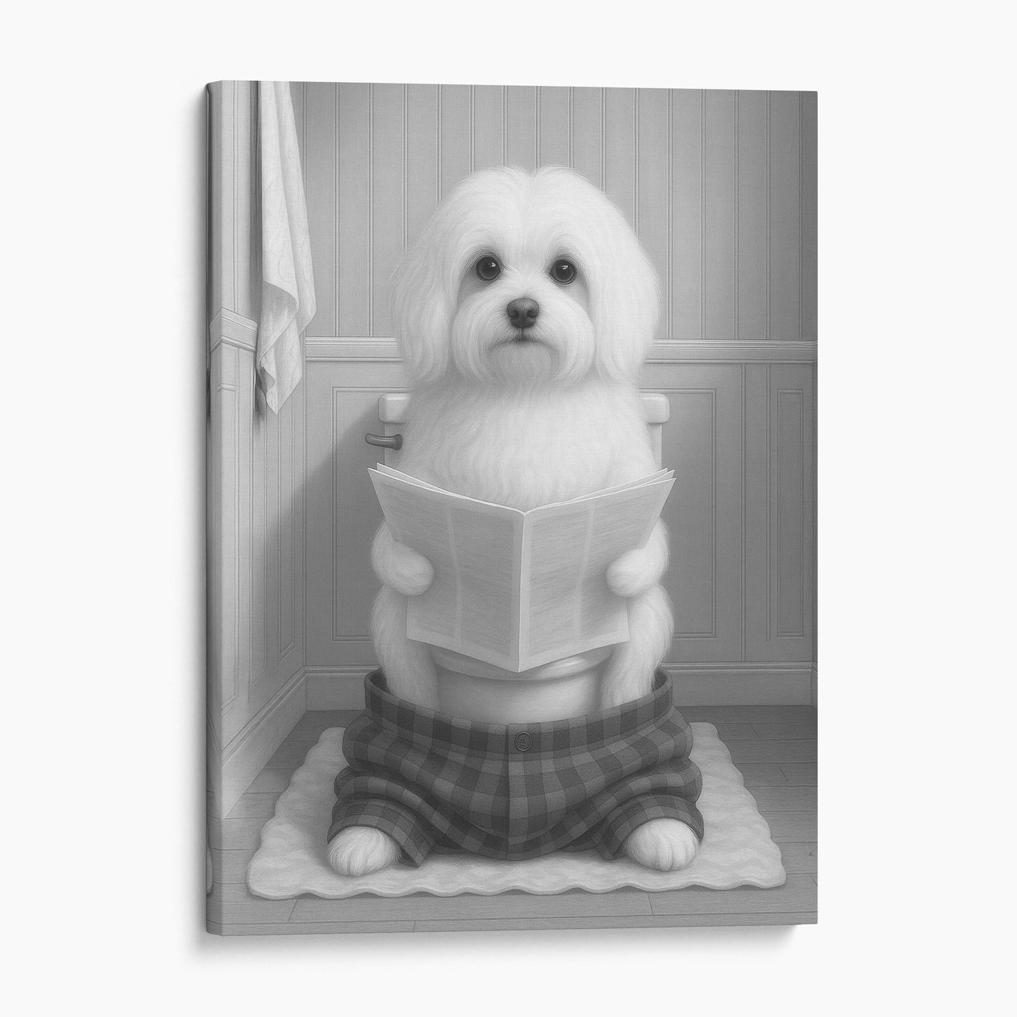Maltese Dog Reading The Newspaper On The Toilet