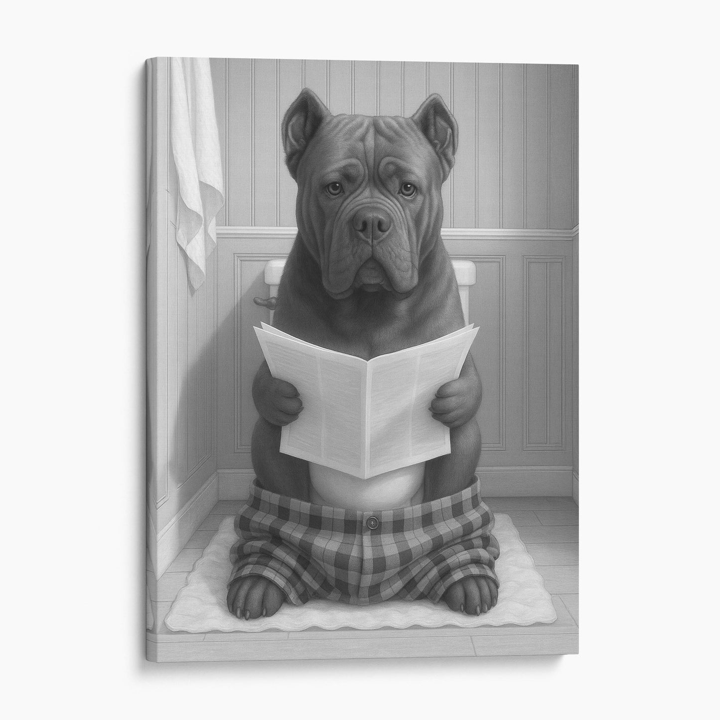 Cane Corso Dog Reading The Newspaper On The Toilet