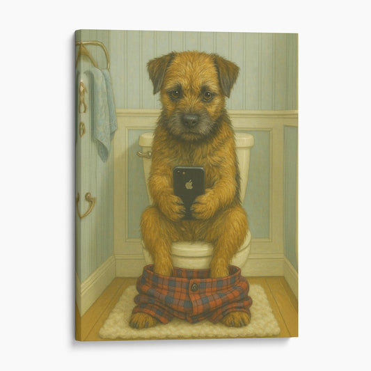 Border Terrier Dog On The Phone On The Toilet
