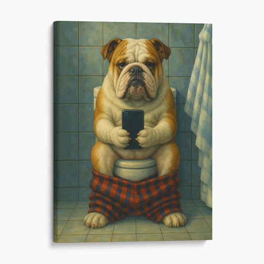 Bulldog On The Phone On The Toilet