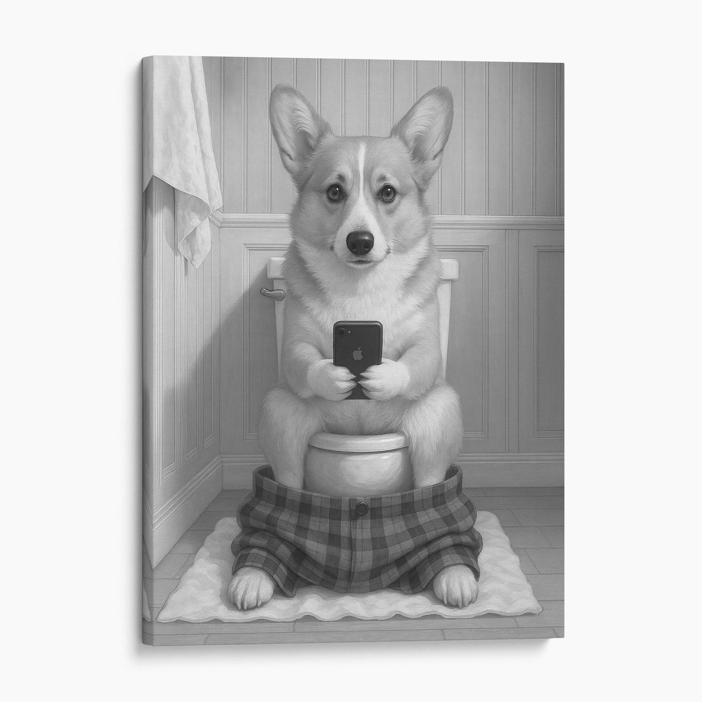 Pembroke Welsh Corgi Dog On The Phone On The Toilet