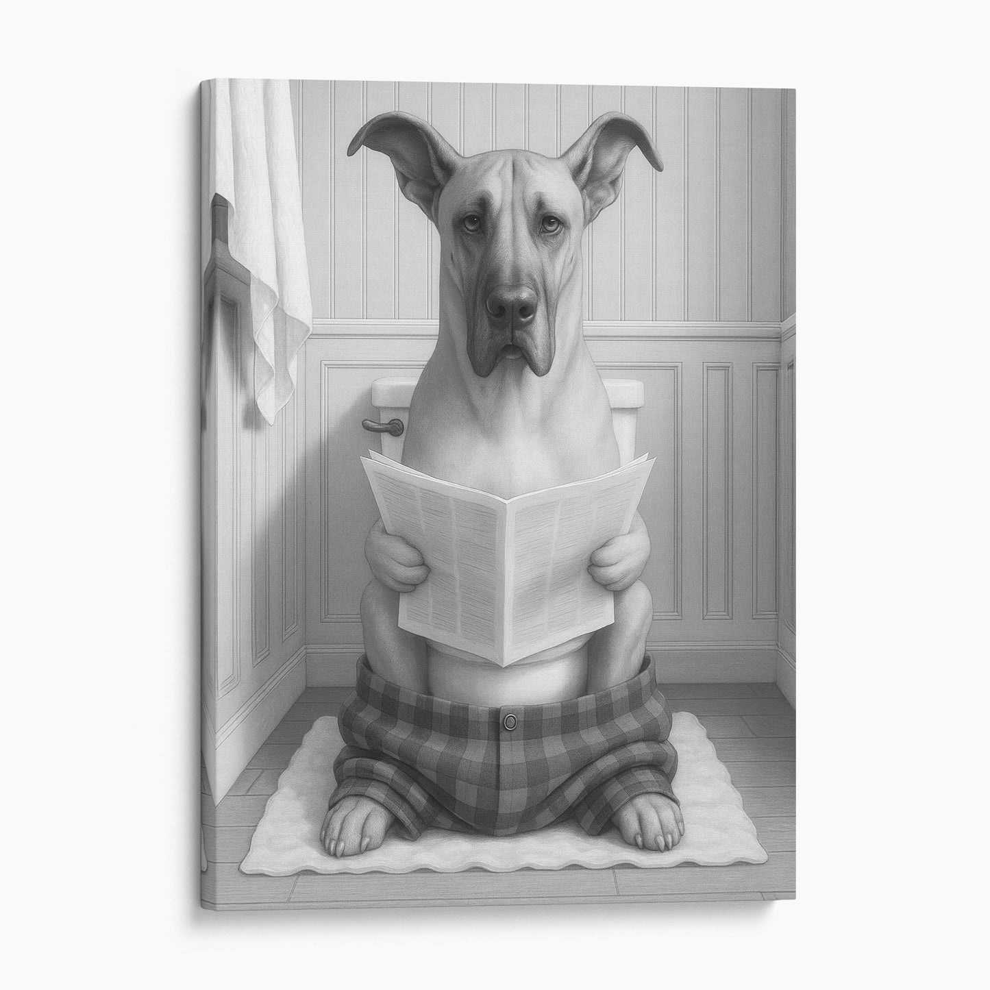 Great Dane Dog Reading The Newspaper On The Toilet