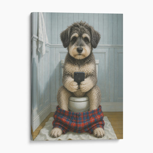Schnoodle Dog On The Phone On The Toilet