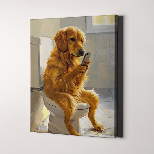 Golden Retriever On Phone On The Toilet