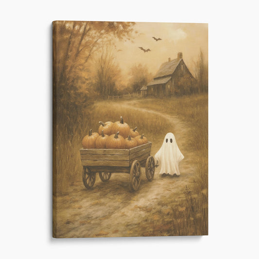 Ghost With Pumpkins In Fall Field