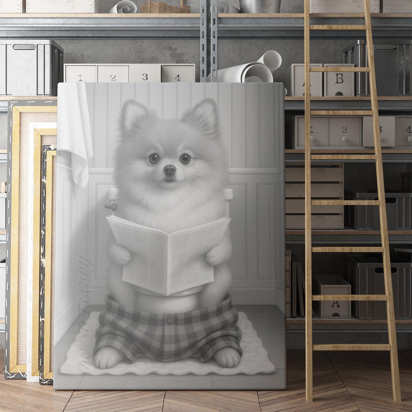 Pomeranian Dog Reading The Newspaper On The Toilet