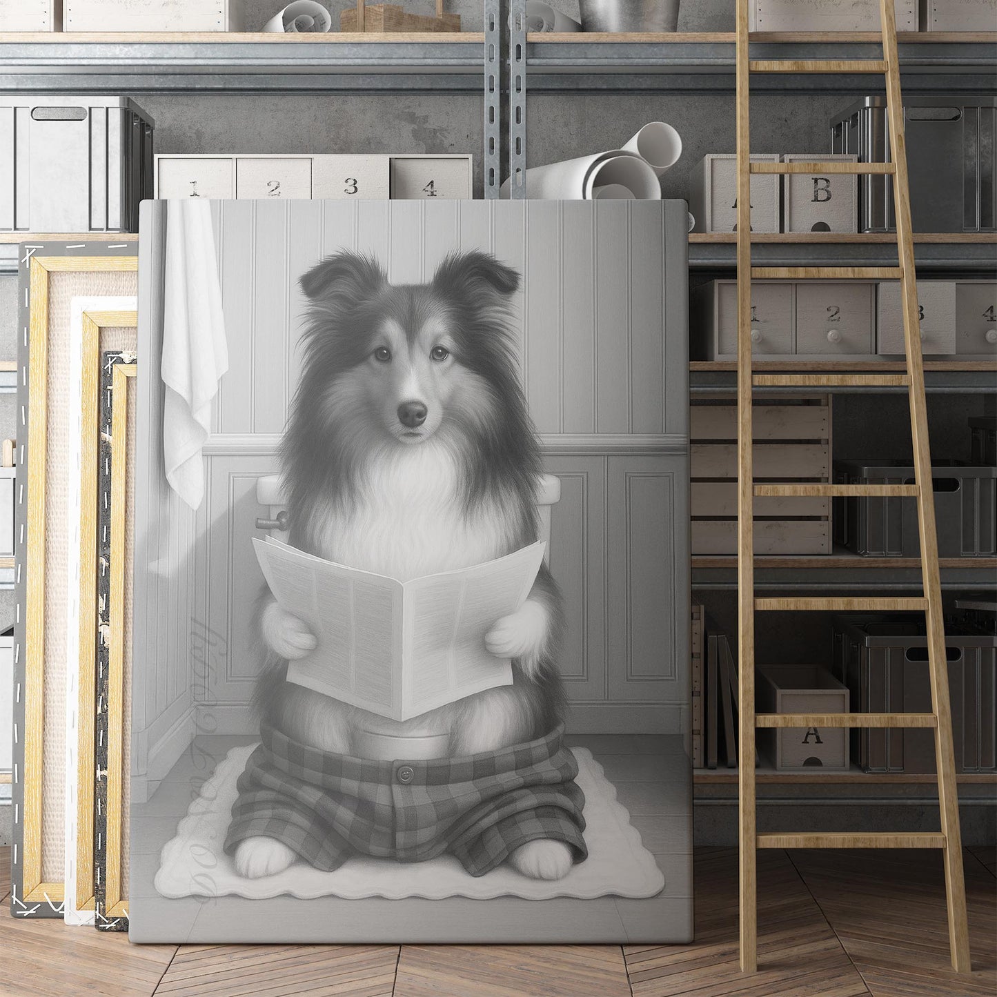 Shetland Sheepdog Reading The Newspaper On The Toilet