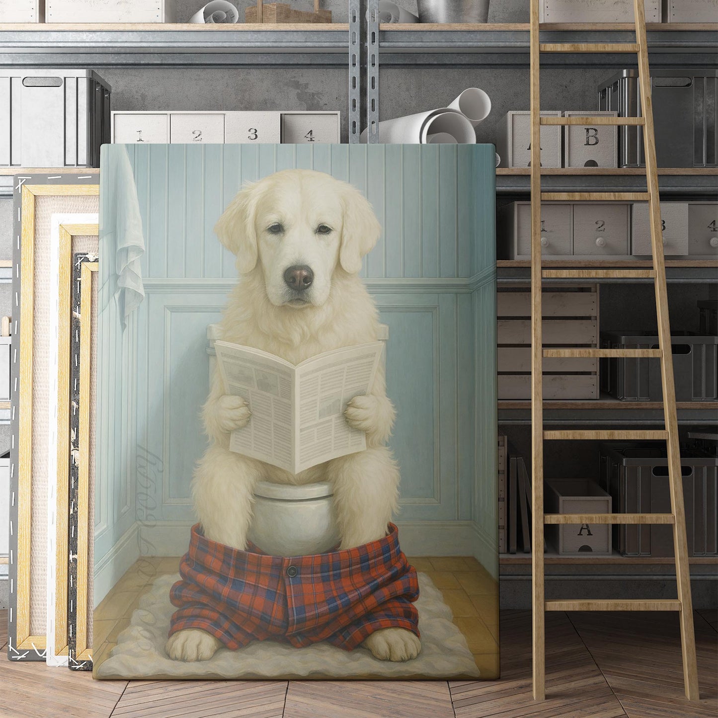 English Cream Golden Retriever Dog Reading The Newspaper On The Toilet