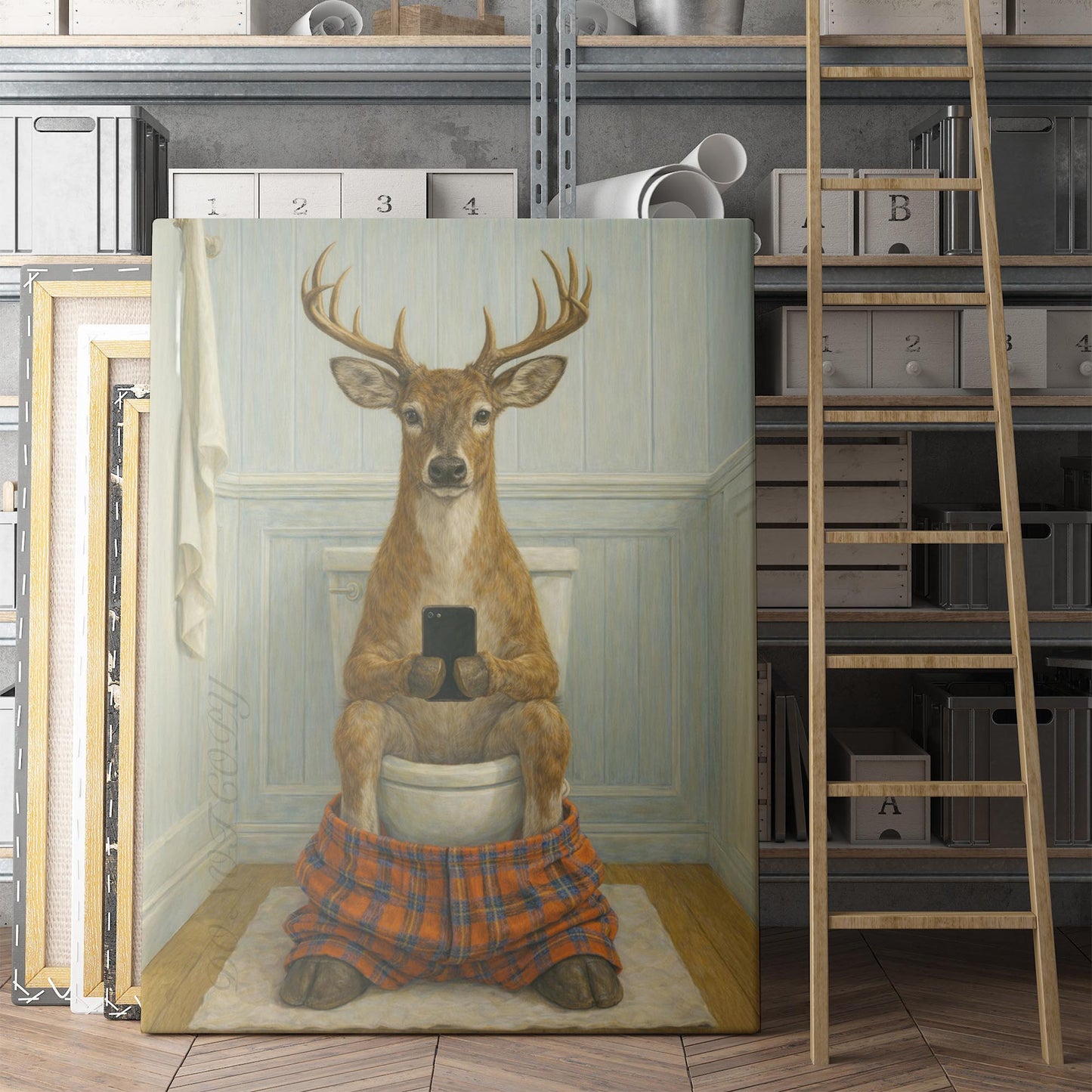 Deer On The Phone On The Toilet