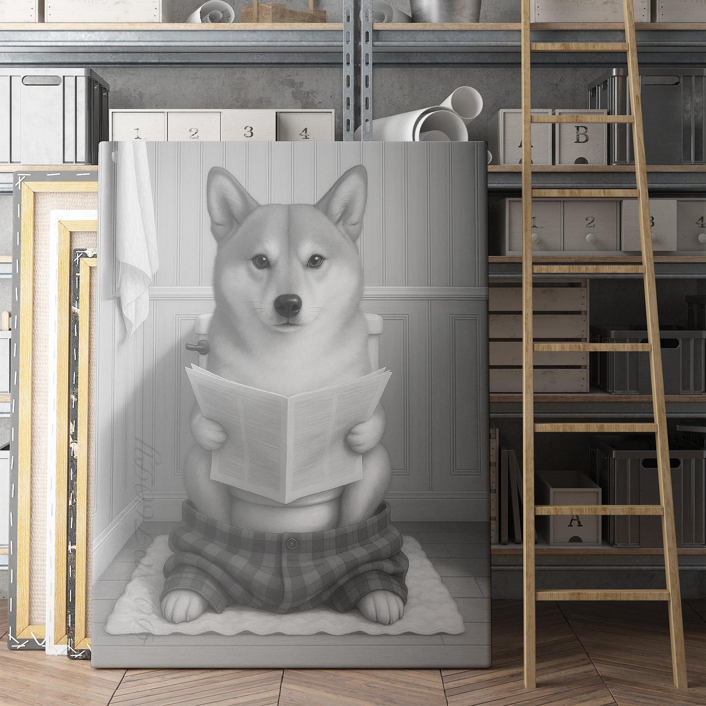 Shiba Inu Dog Reading The Newspaper On The Toilet
